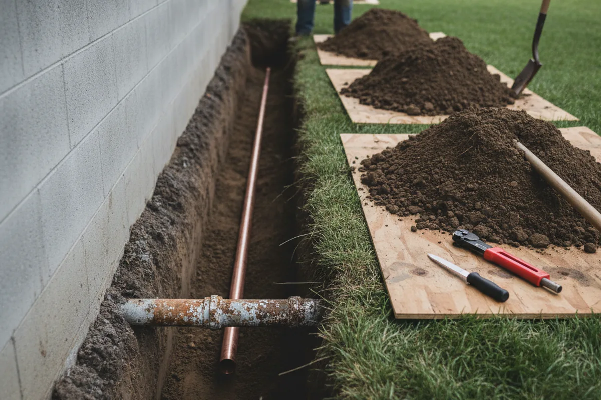Excavated water line trench during Sewer Line Repair in Ocean View